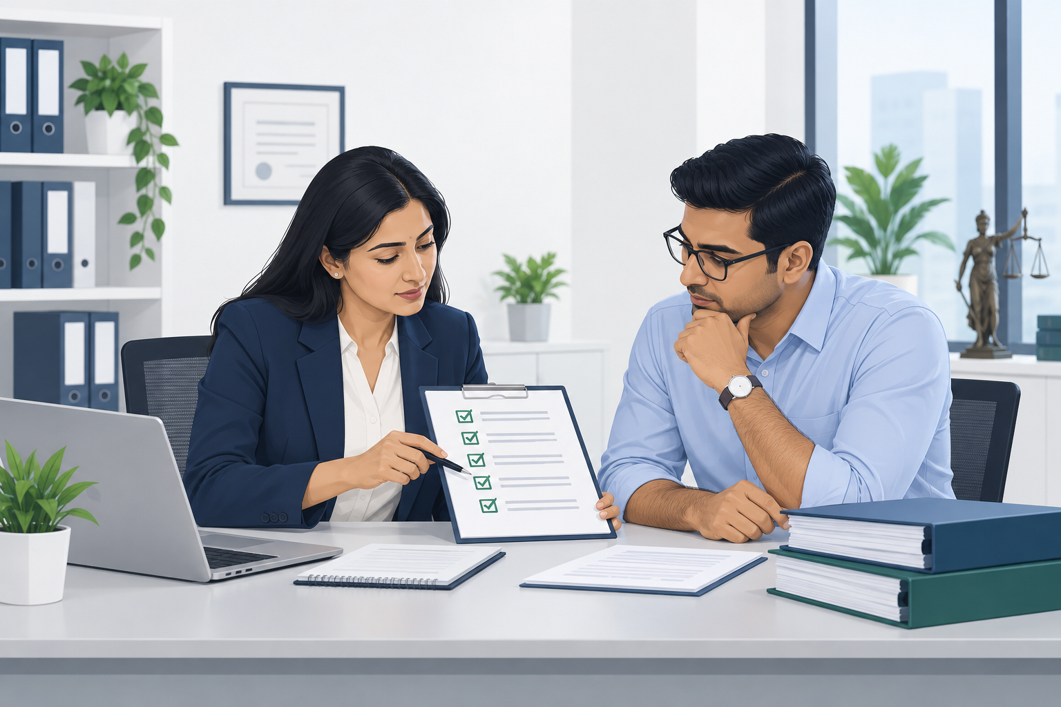 Compliance consultant reviewing checklist documents with a business owner