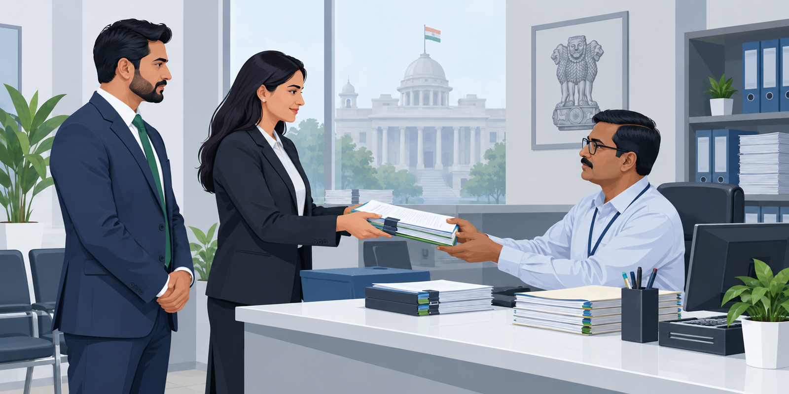Compliance consultant submitting organized documents to a department official