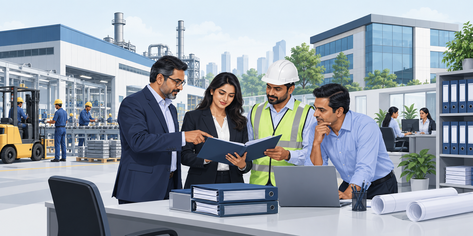 Factory, office and business professionals reviewing compliance documents