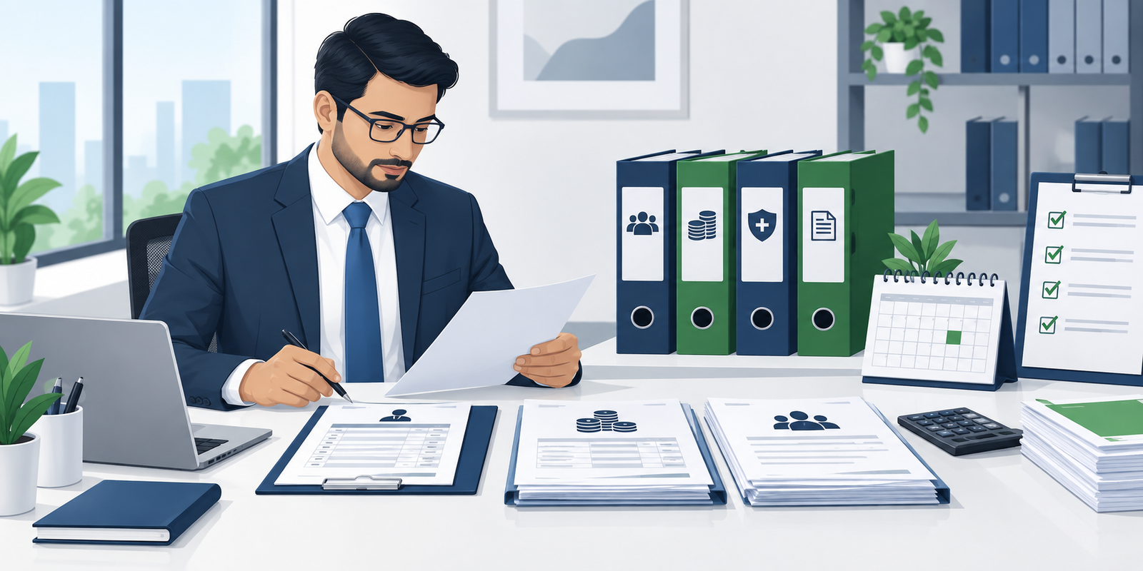 Consultant reviewing monthly compliance documents, registers and returns